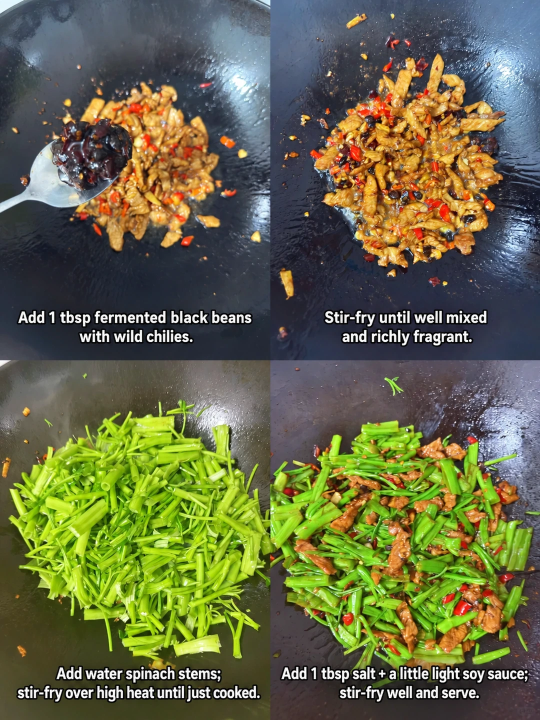 English-captioned photographs showing ingredient preparation and cooking for Water Spinach Stems and Lean Meat Stir-Fry.