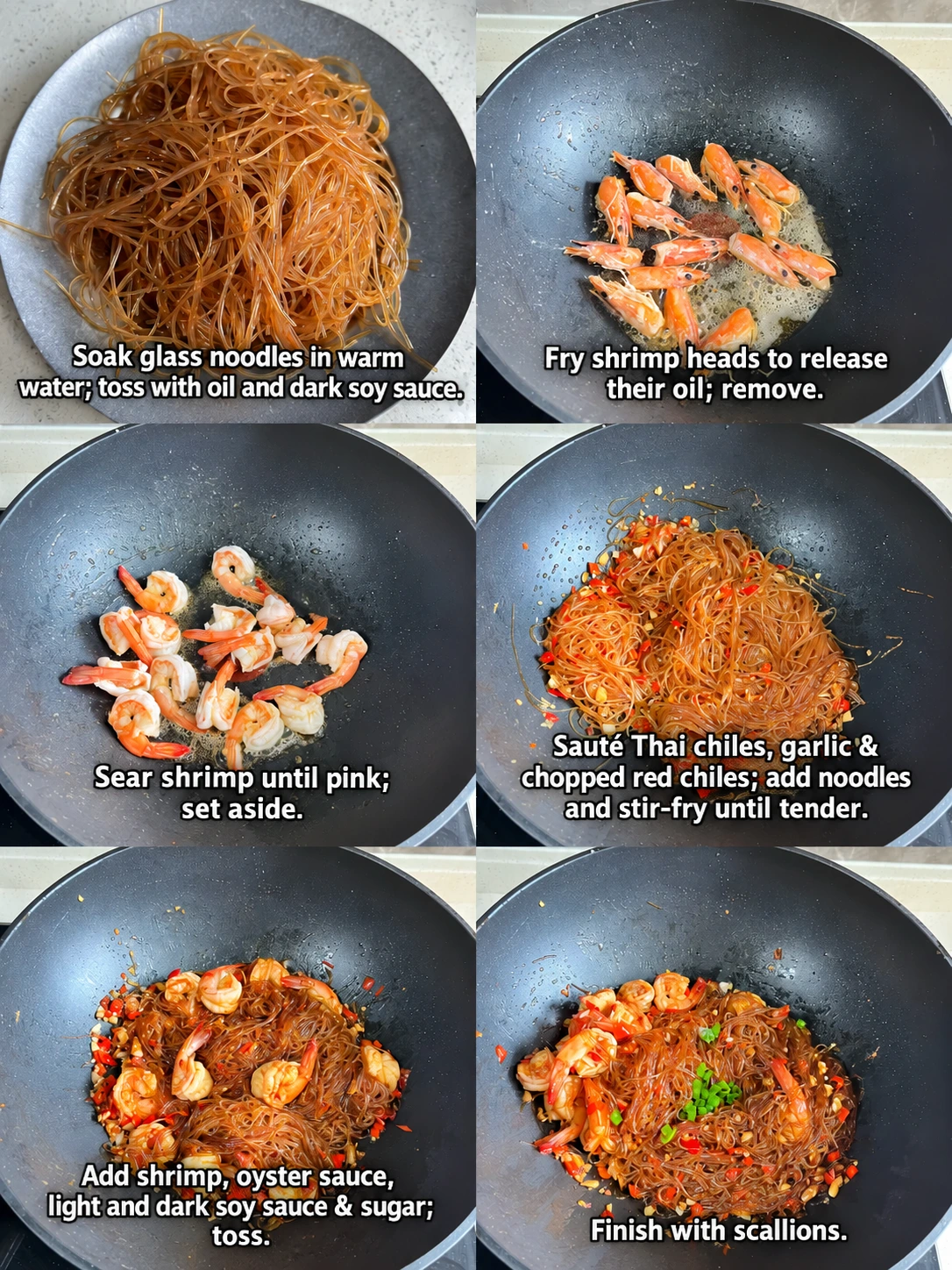 English-captioned photographs showing ingredient preparation and cooking for Garlic Shrimp and Glass Noodle Stir-Fry.