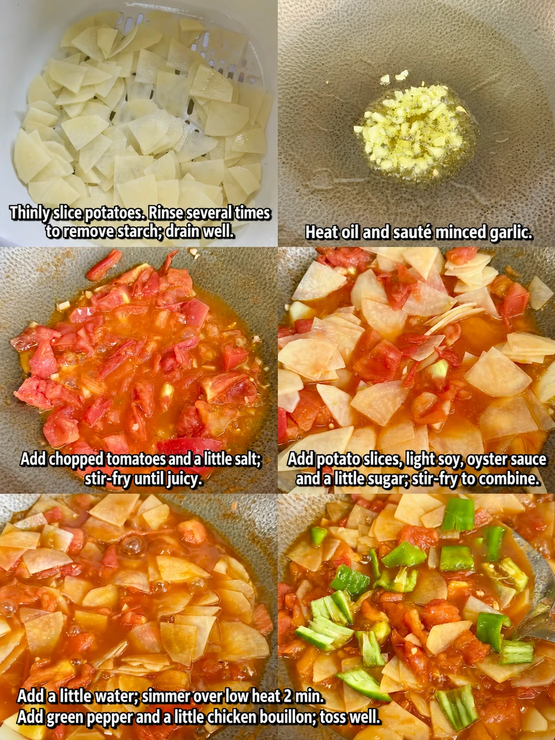 English-captioned photographs showing ingredient preparation and cooking for Tomato and Potato Rice Bowl.