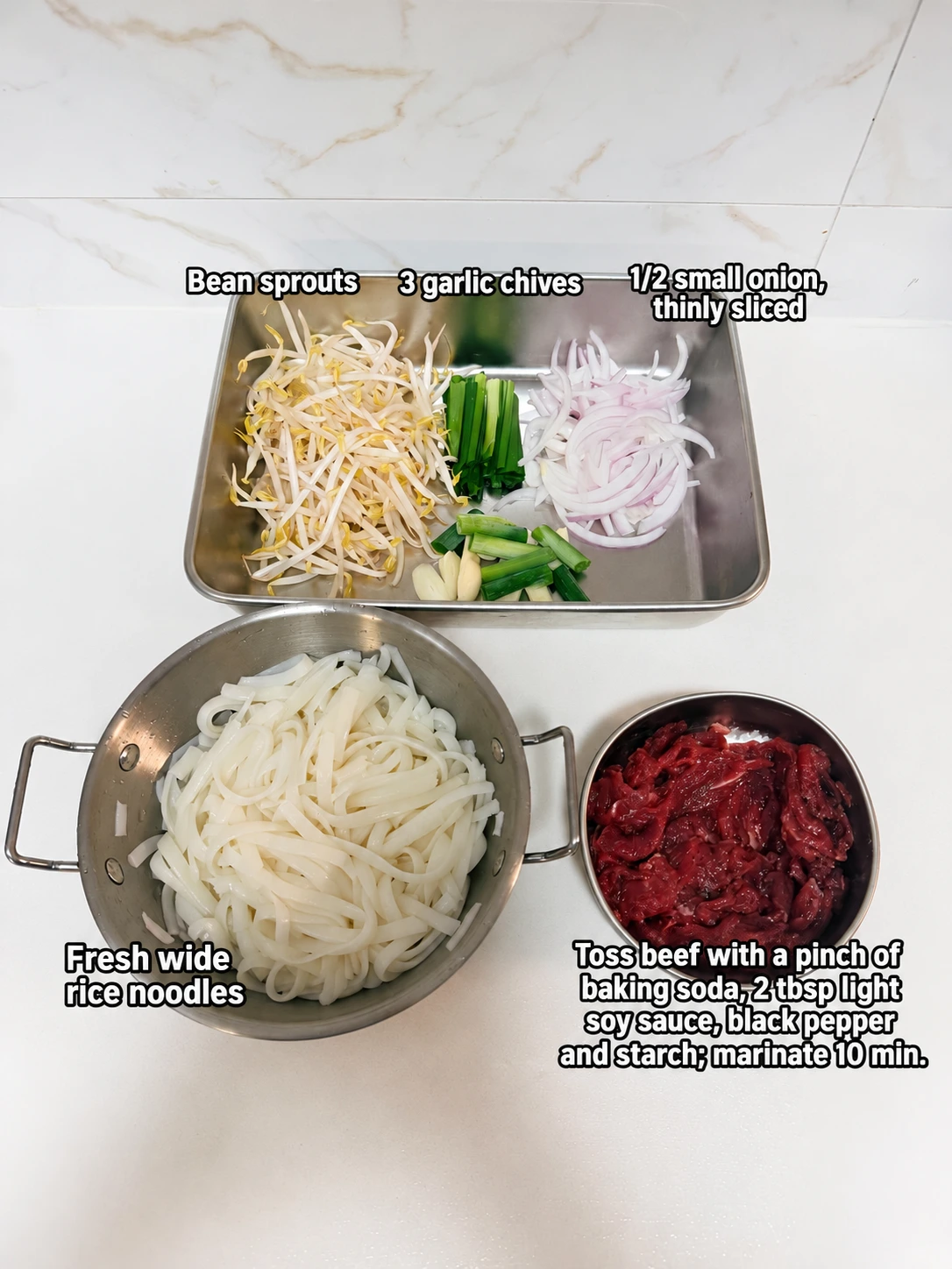 English-captioned photographs showing ingredient preparation and cooking for Beef Chow Fun.