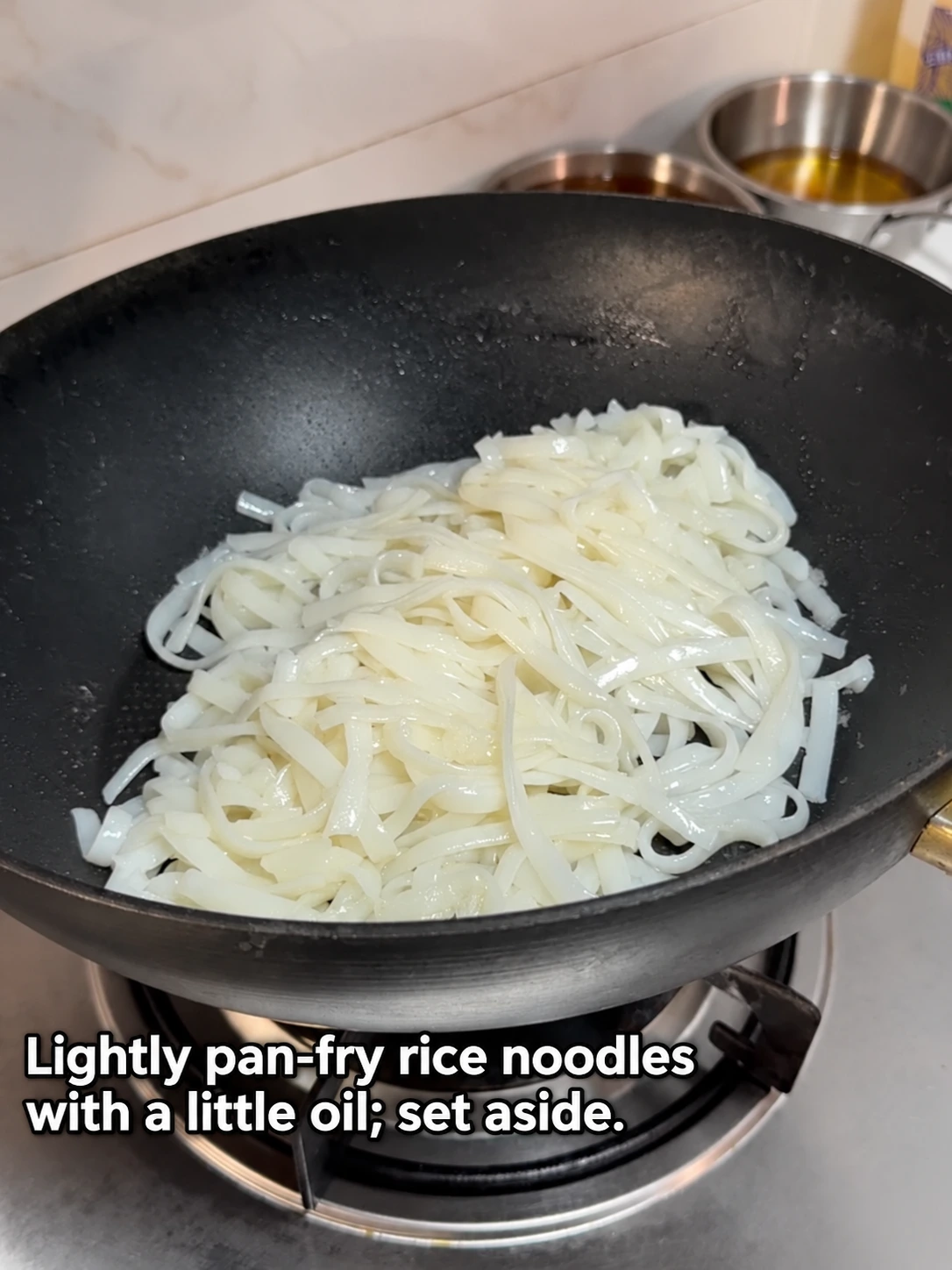 English-captioned photographs showing ingredient preparation and cooking for Beef Chow Fun.