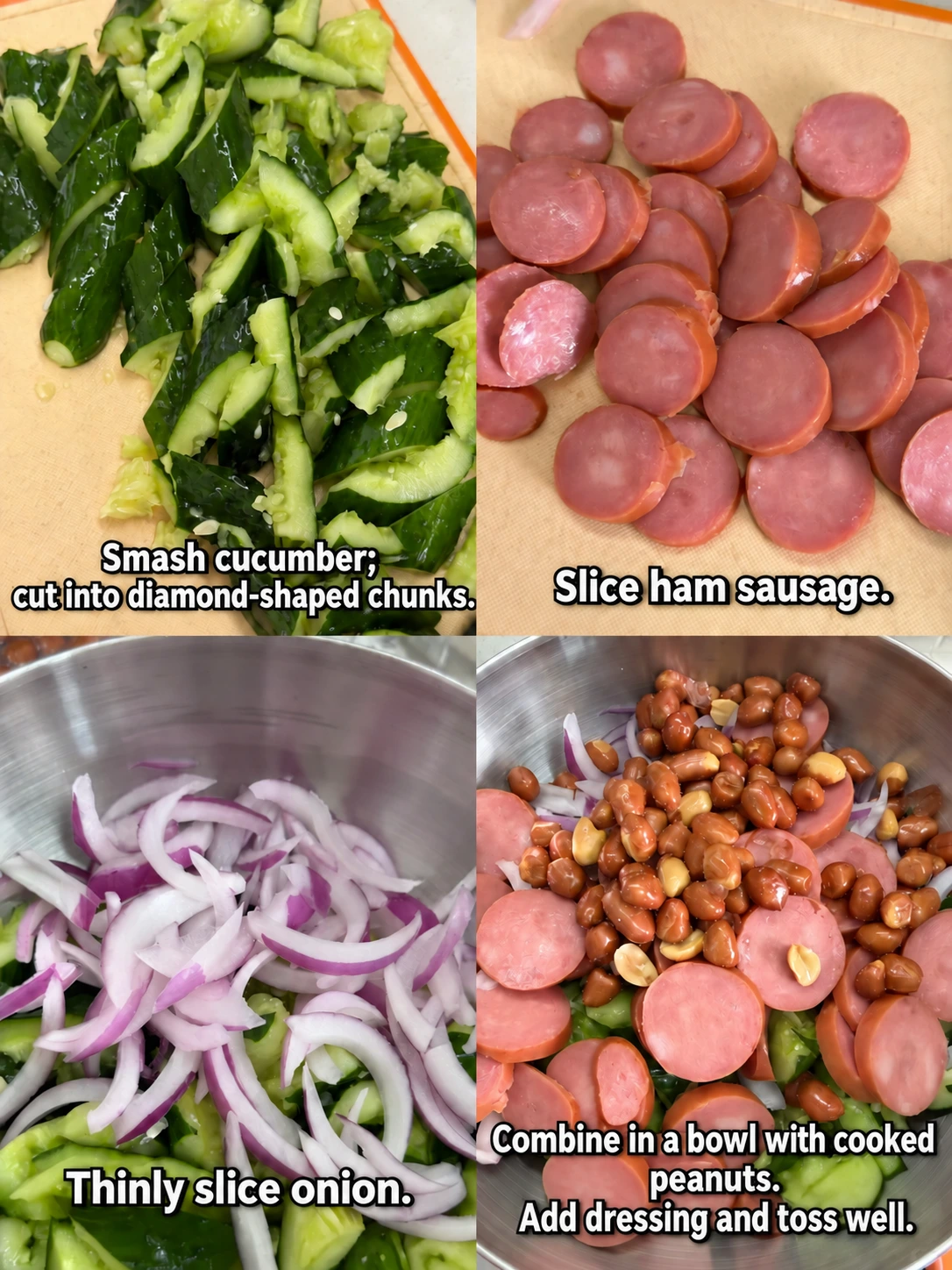 English-captioned photographs showing ingredient preparation and cooking for Cucumber and Ham Salad.