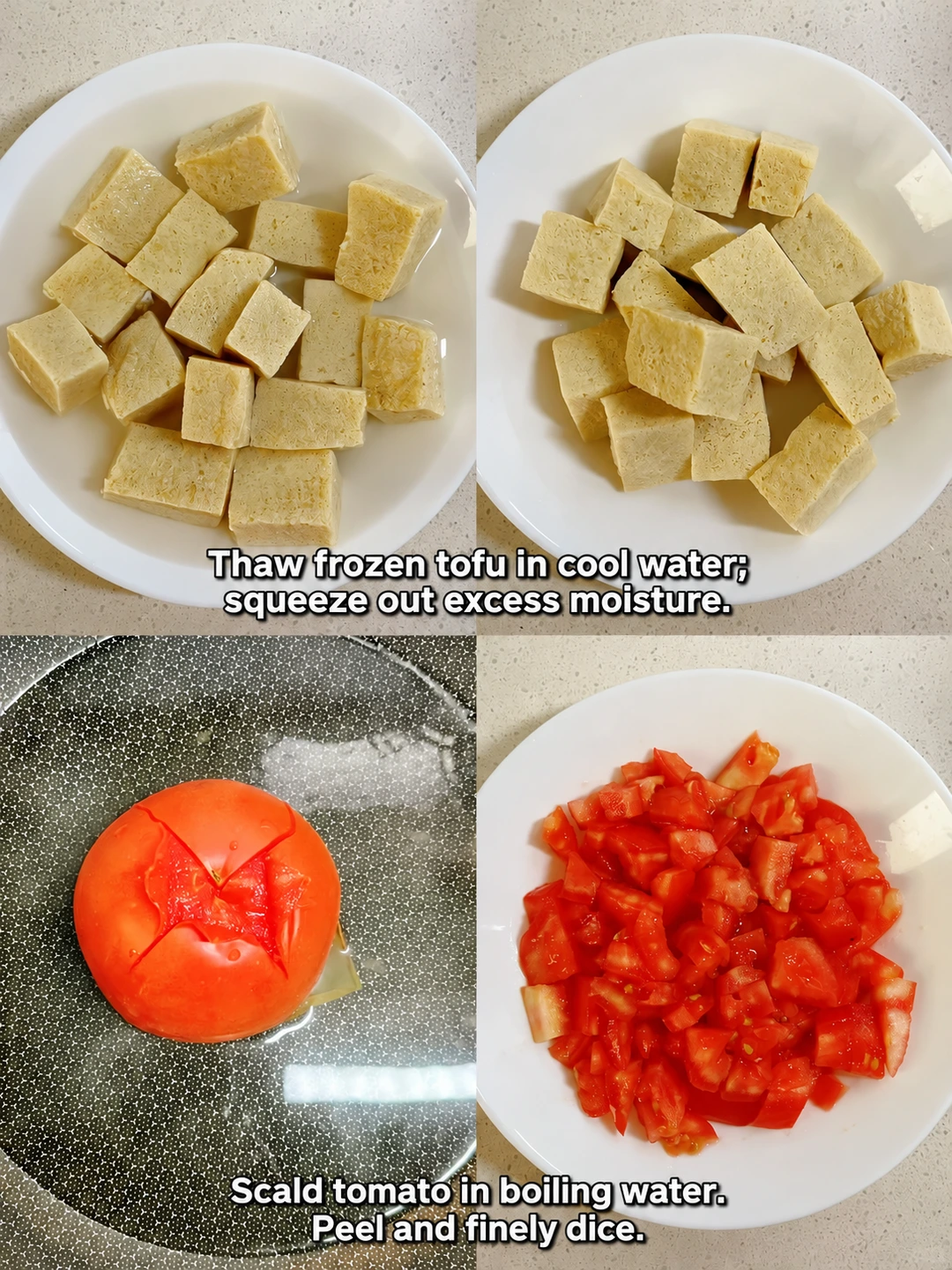 English-captioned photographs showing ingredient preparation and cooking for Napa Cabbage and Frozen Tofu in Tomato Broth.