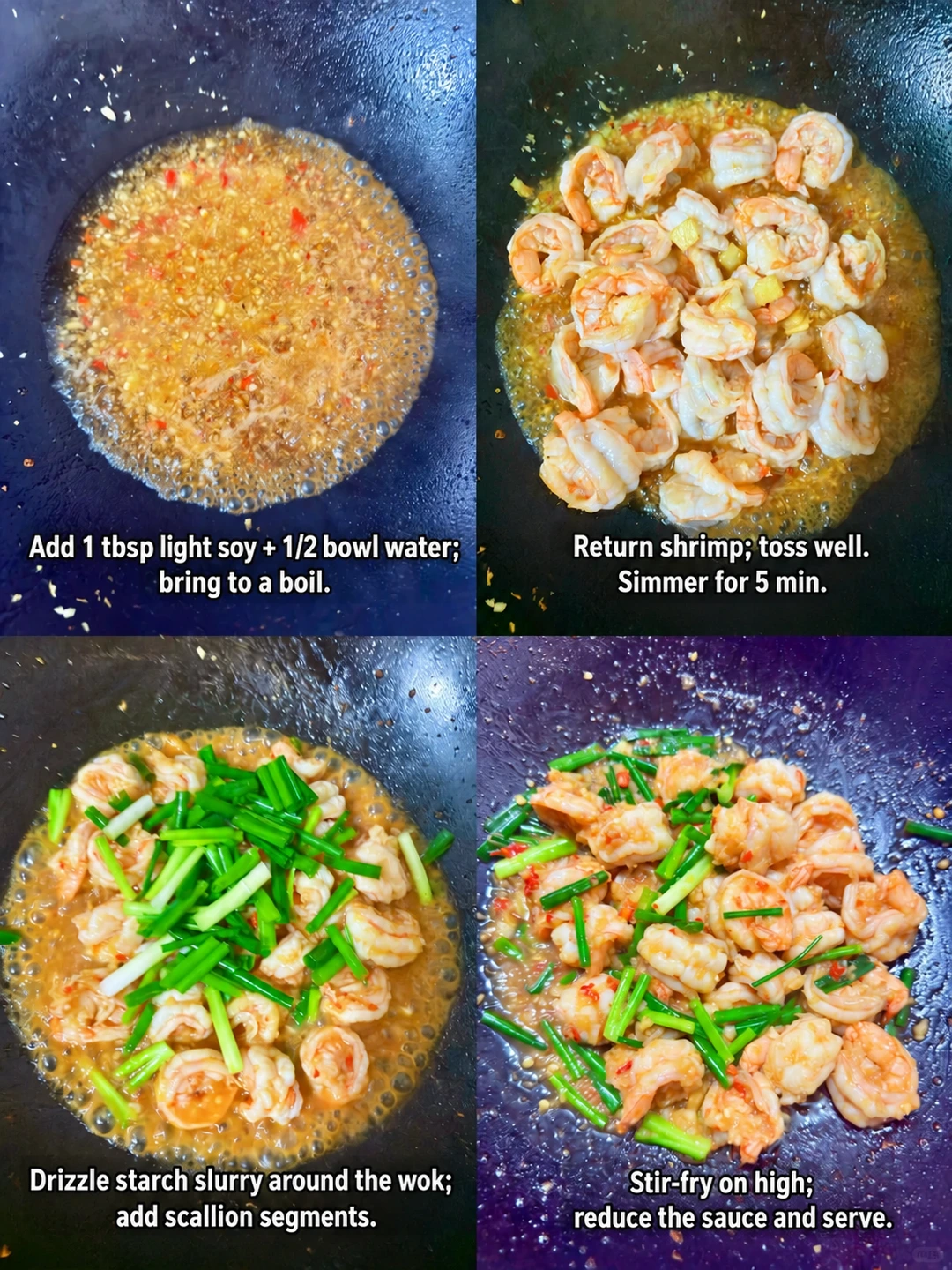 English-captioned photographs showing ingredient preparation and cooking for Garlic Shrimp with Soy Glaze.