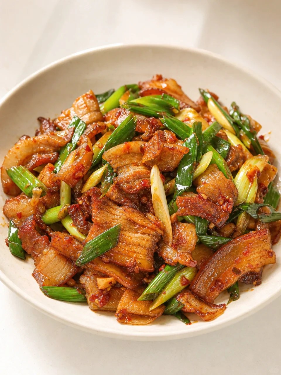Pork belly slices with green garlic sections and reddish chile-bean sauce.
