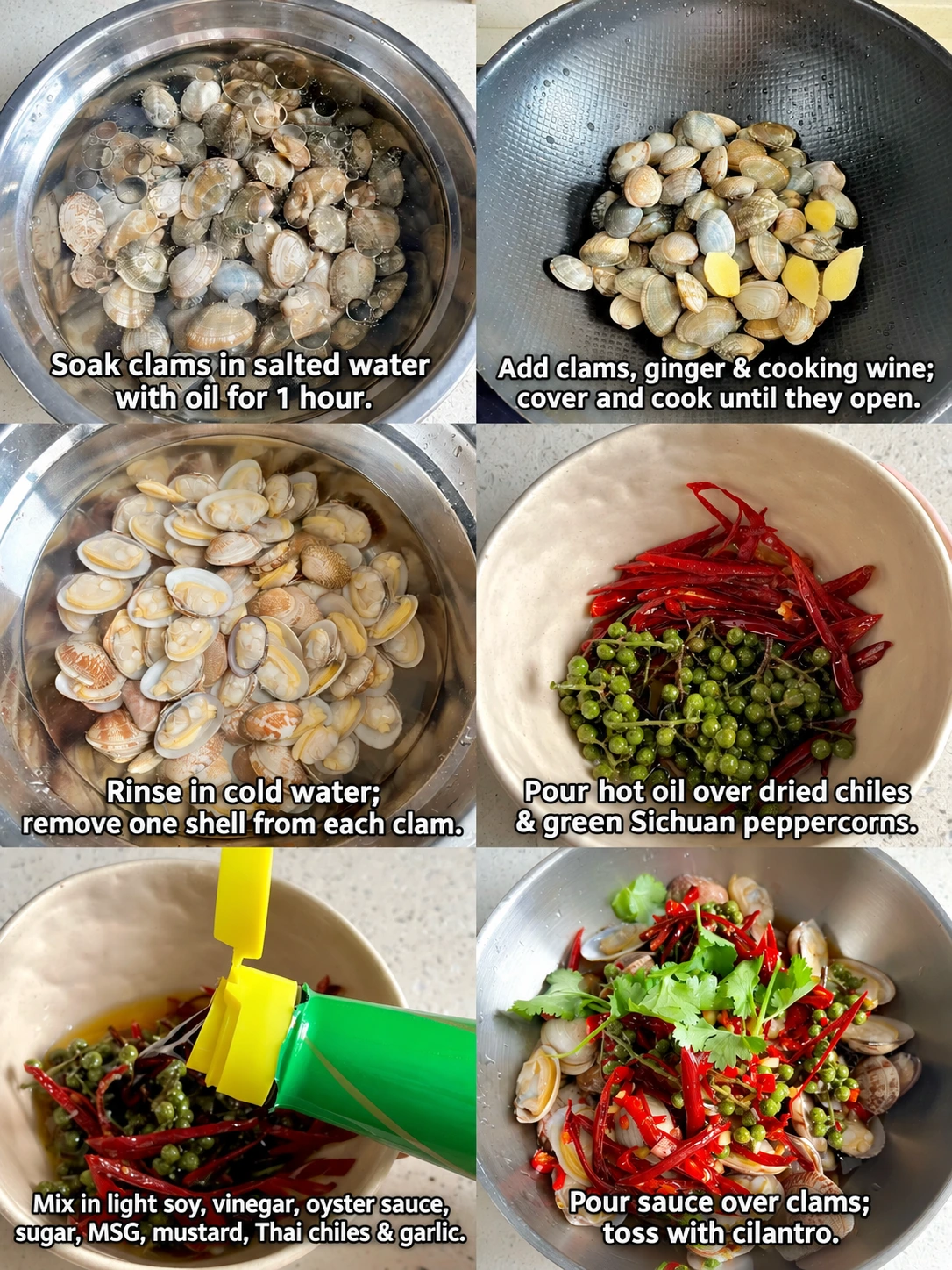 English-captioned photographs showing ingredient preparation and cooking for Clams with Hot-Oil Chile Dressing.