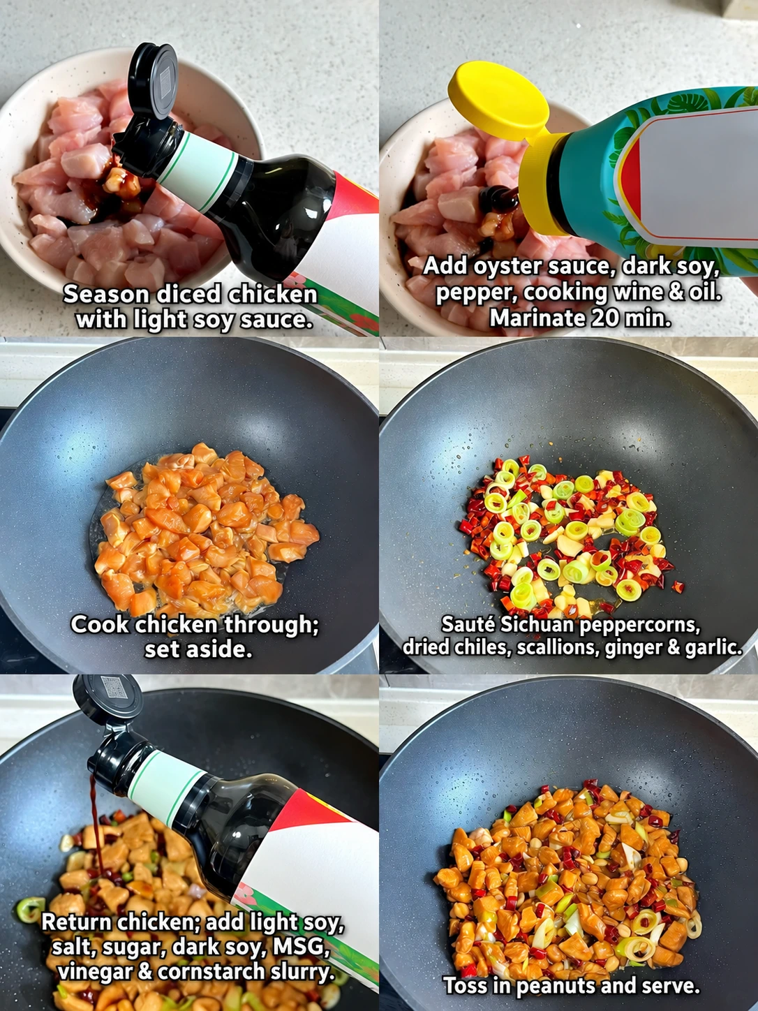 English-captioned photographs showing ingredient preparation and cooking for Kung Pao Chicken.