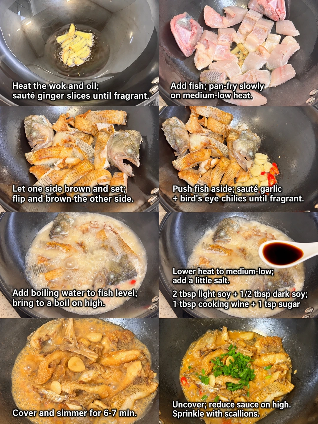 English-captioned photographs showing ingredient preparation and cooking for Soy-Braised Sea Bass Pieces.