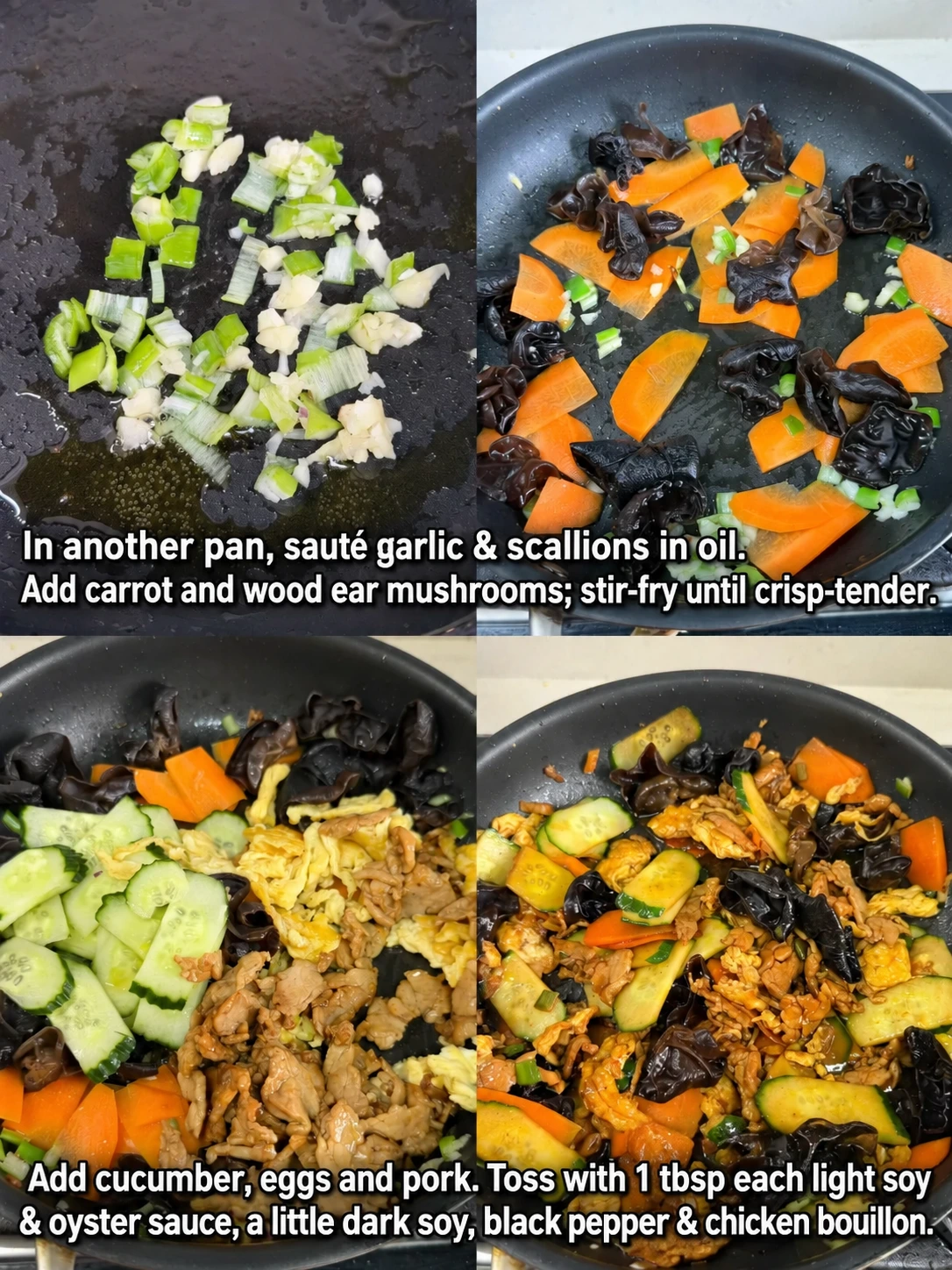 English-captioned photographs showing ingredient preparation and cooking for Moo Shu Pork Rice Bowl.