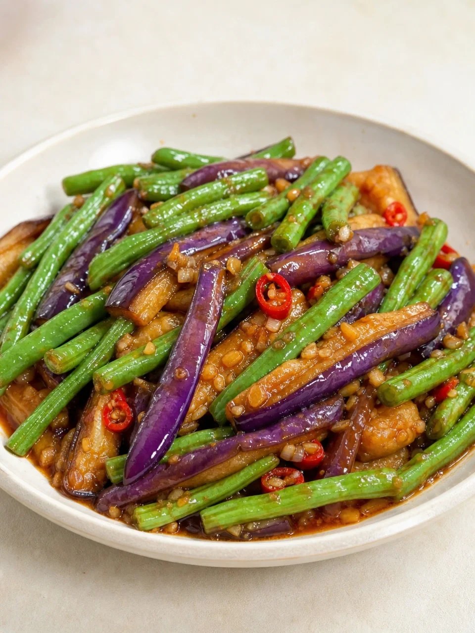 Purple eggplant strips and green beans in a glossy sauce.