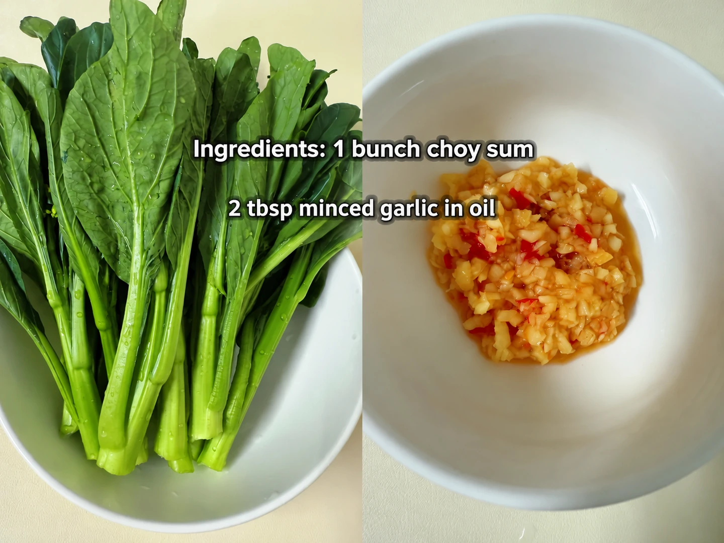 English-captioned photographs showing ingredient preparation and cooking for Choy Sum with Garlic in Oil.