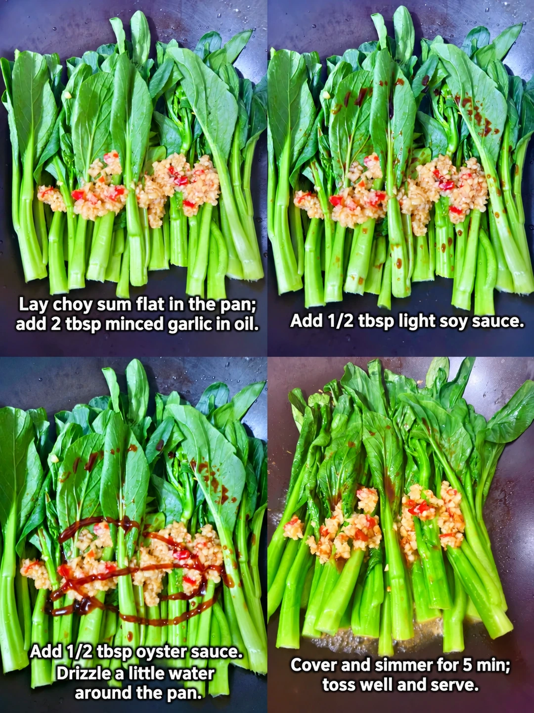 English-captioned photographs showing ingredient preparation and cooking for Choy Sum with Garlic in Oil.