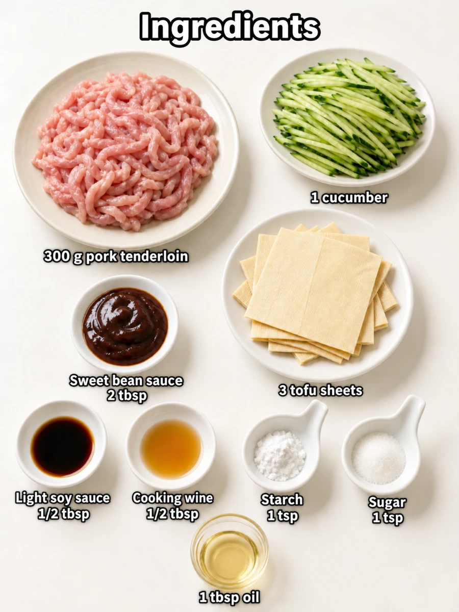 English-captioned photographs showing ingredient preparation and cooking for Beijing Shredded Pork with Sweet Bean Sauce.