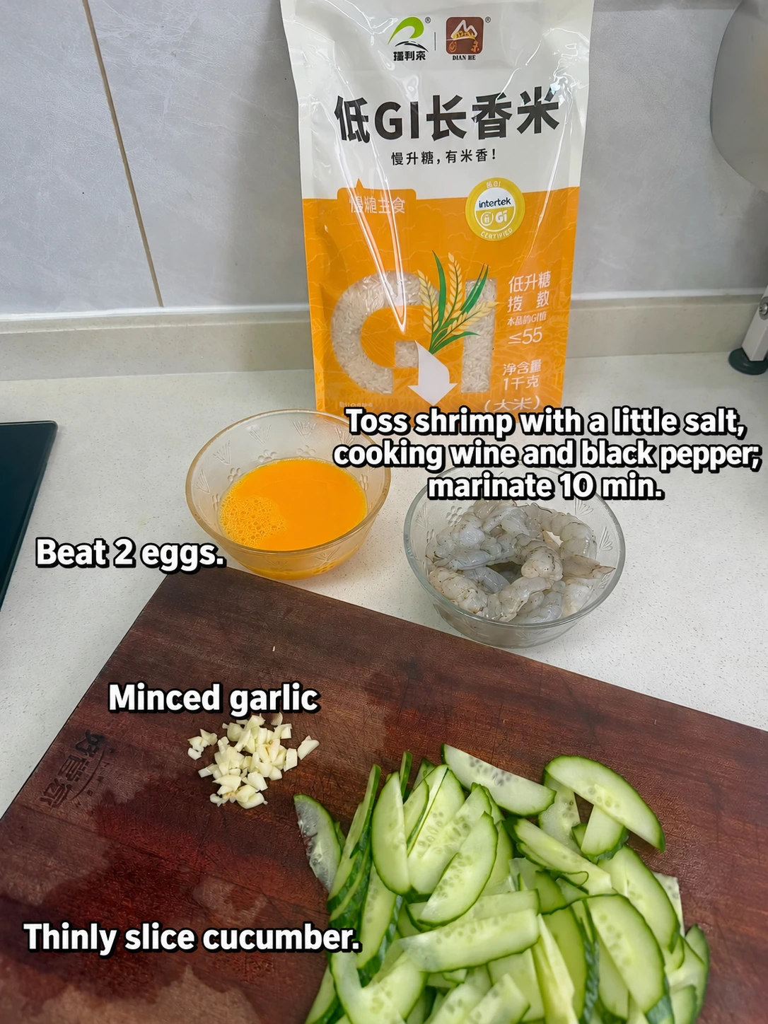 English-captioned photographs showing ingredient preparation and cooking for Cucumber Shrimp and Egg Stir-Fry.