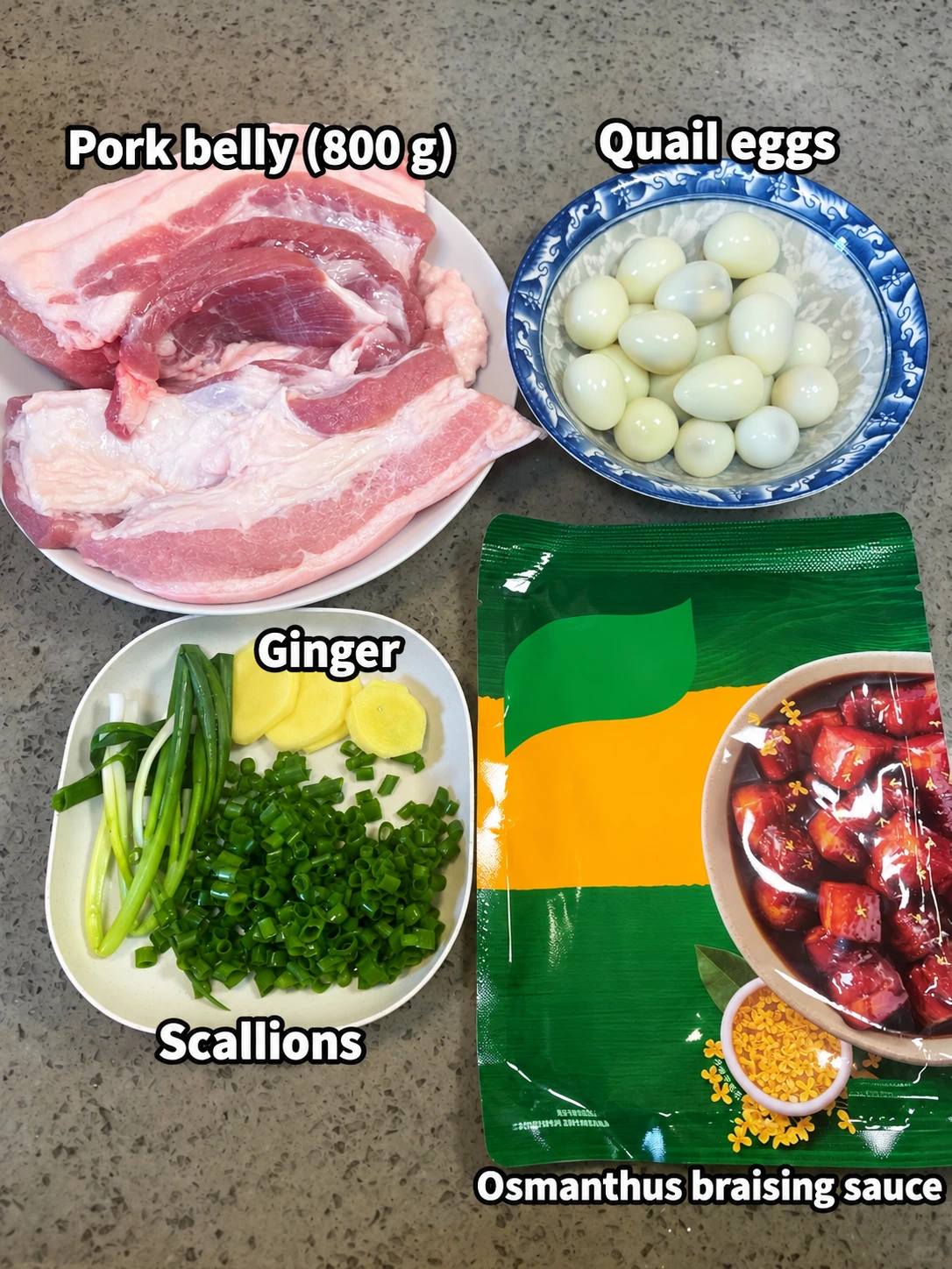 English-captioned photographs showing ingredient preparation and cooking for Osmanthus Braised Pork Belly with Quail Eggs.