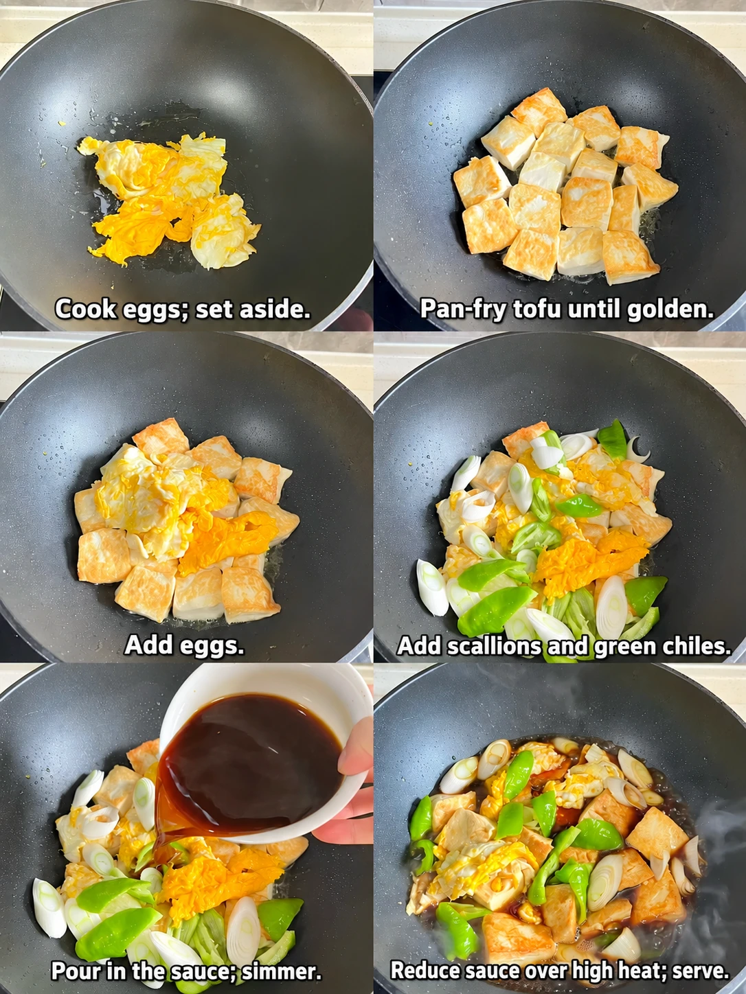 English-captioned photographs showing ingredient preparation and cooking for Tofu with Eggs, Green Pepper and Scallions.