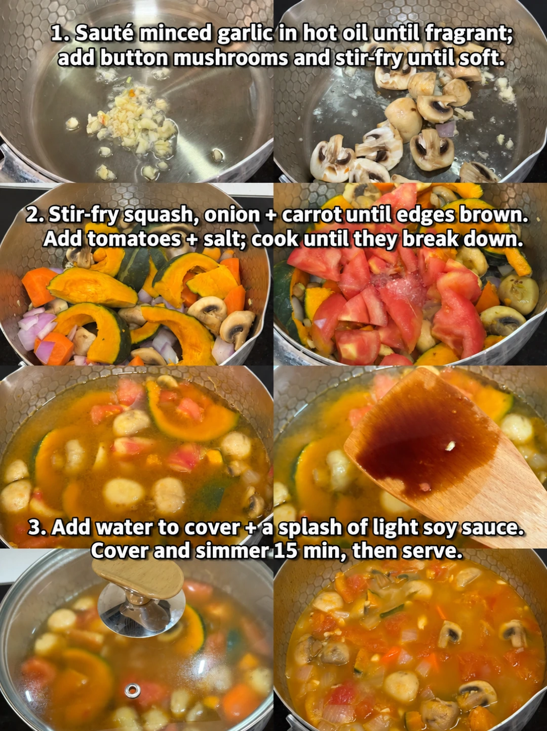 English-captioned photographs showing ingredient preparation and cooking for Kabocha Squash and Vegetable Soup.