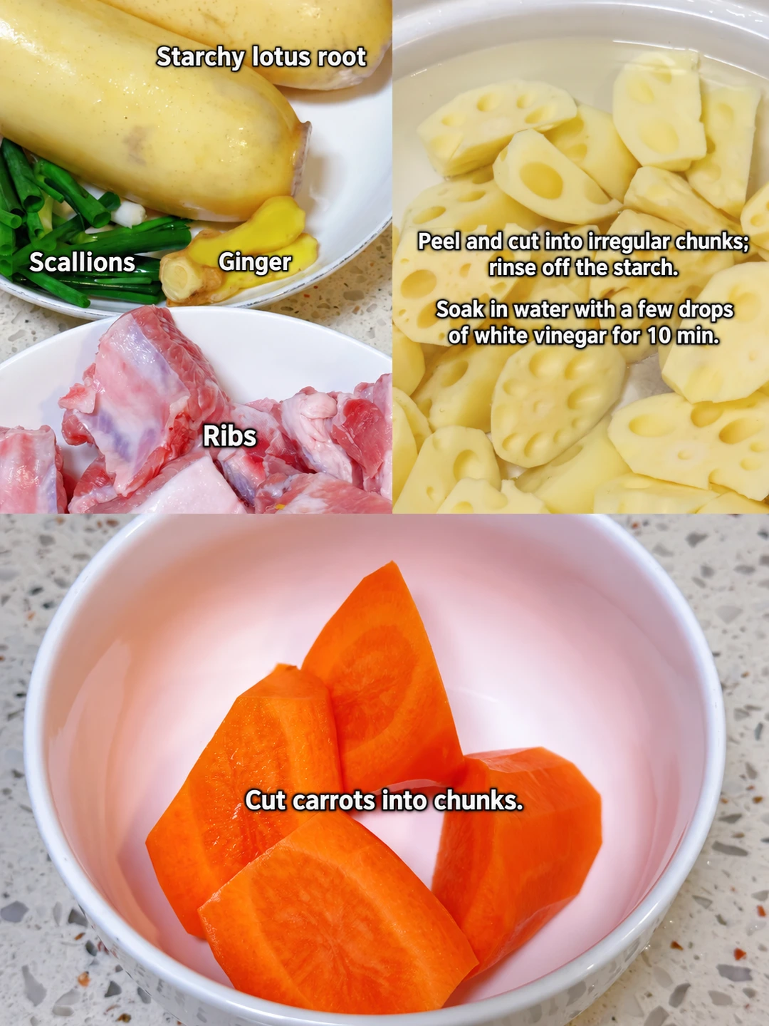 English-captioned photographs showing ingredient preparation and cooking for Lotus Root and Pork Rib Soup.