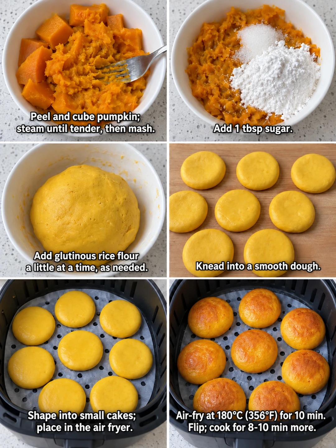 English-captioned photographs showing ingredient preparation and cooking for Air Fryer Pumpkin Rice Cakes.