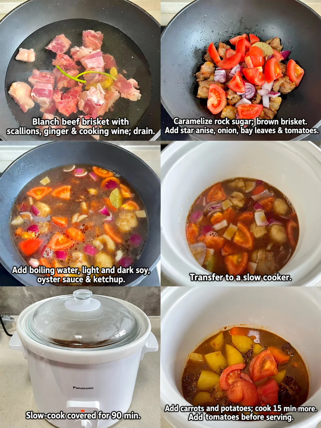 English-captioned photographs showing ingredient preparation and cooking for Slow-Cooked Beef Brisket with Tomatoes and Potatoes.