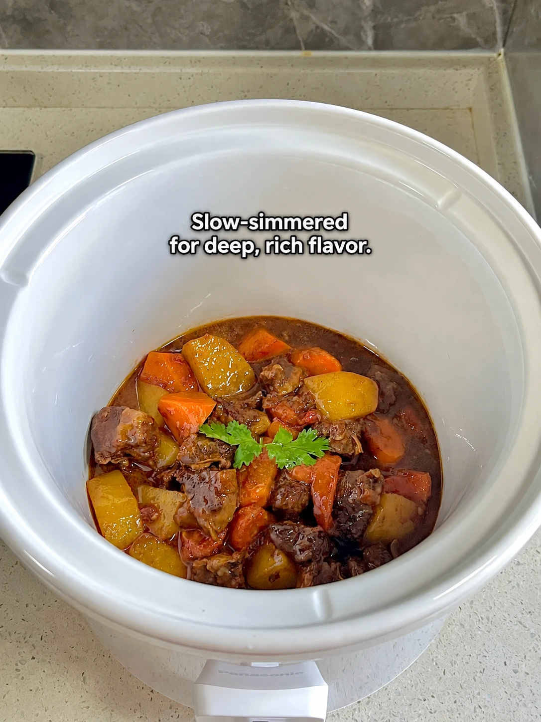English-captioned photographs showing ingredient preparation and cooking for Slow-Cooked Beef Brisket with Tomatoes and Potatoes.