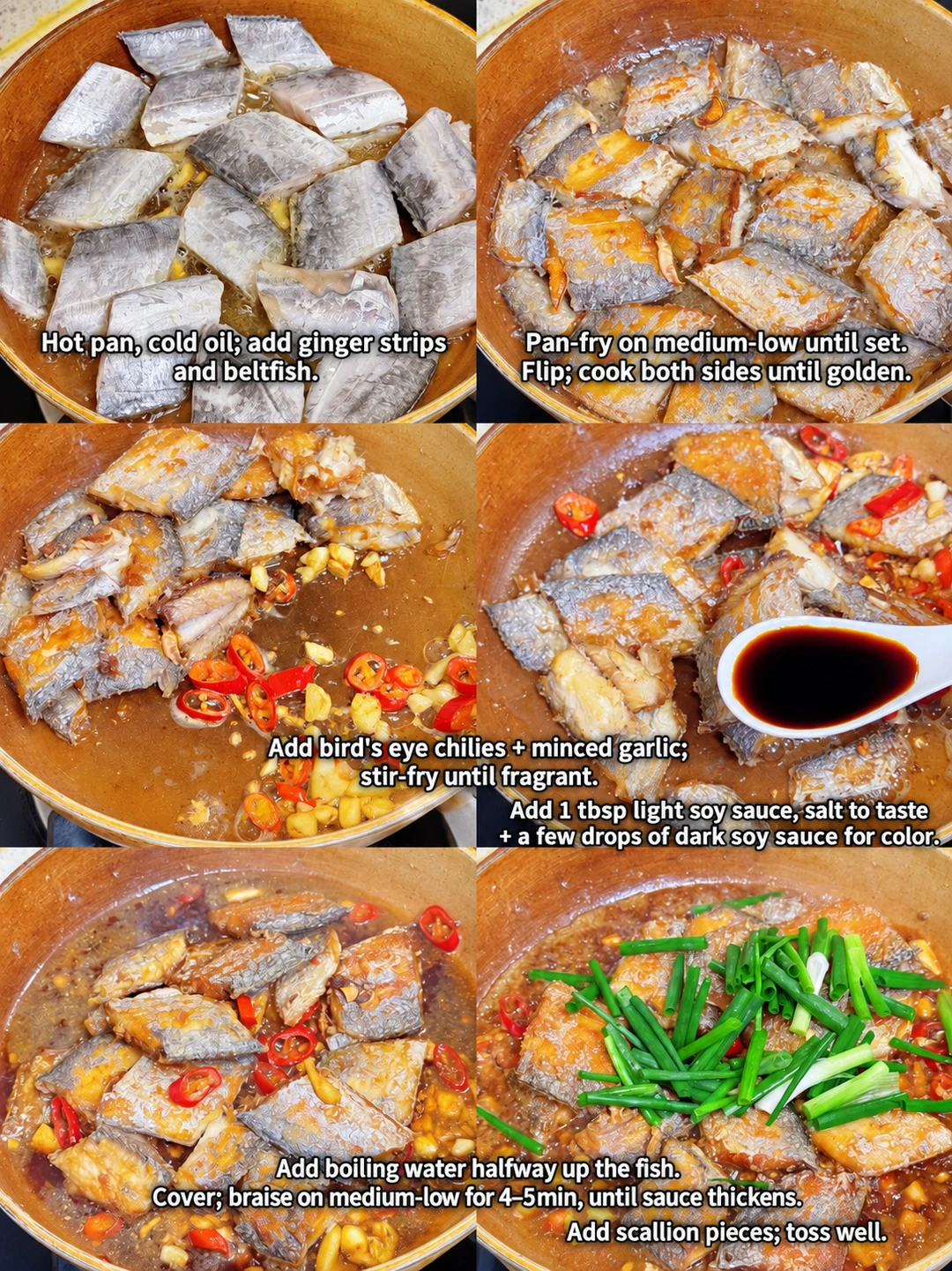 English-captioned photographs showing ingredient preparation and cooking for Soy-Braised Ribbonfish.