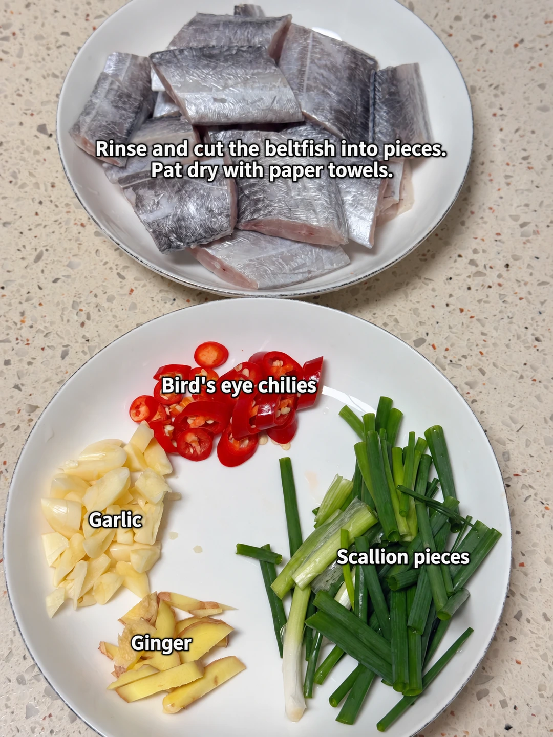 English-captioned photographs showing ingredient preparation and cooking for Soy-Braised Ribbonfish.