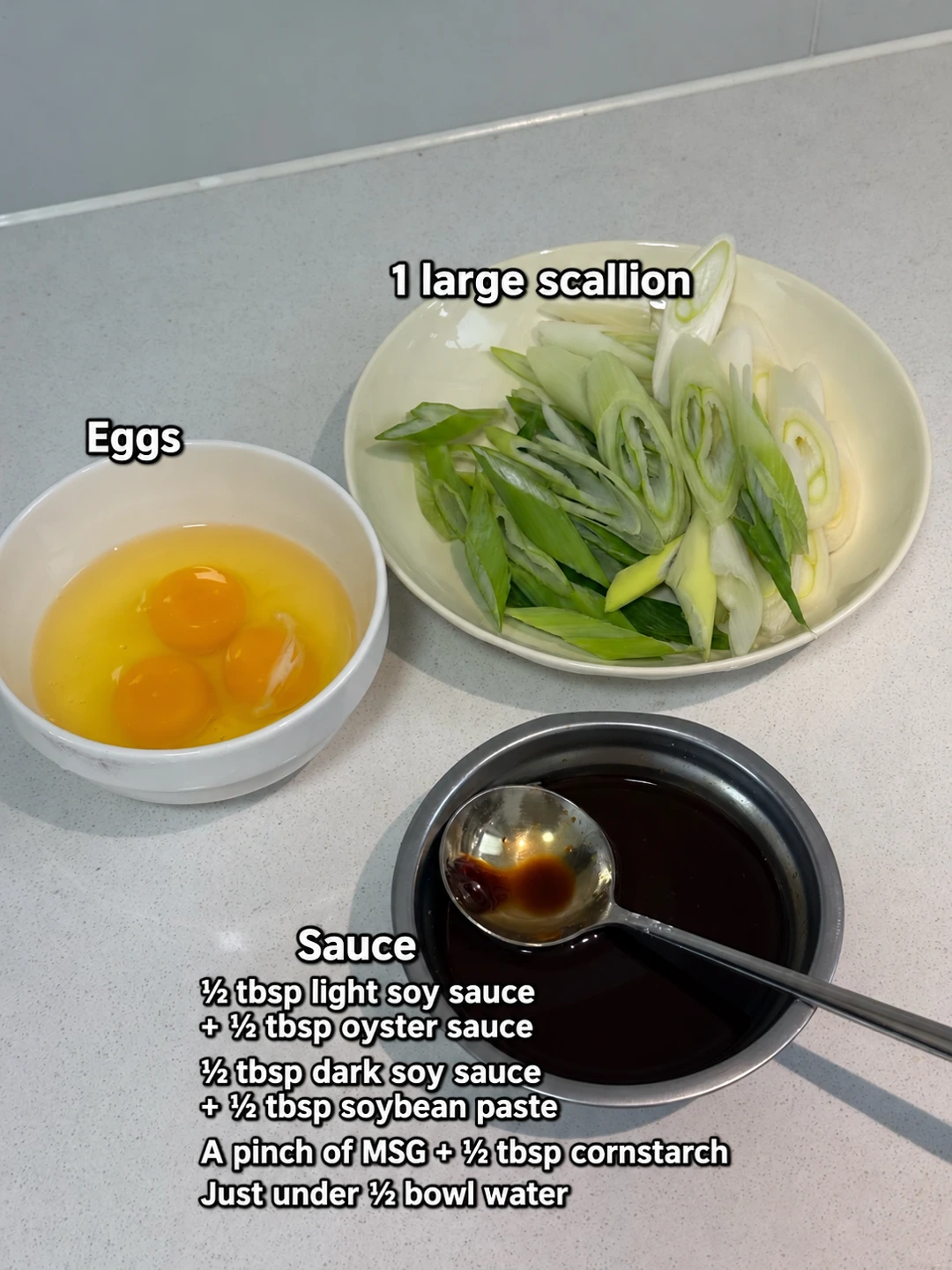 English-captioned photographs showing ingredient preparation and cooking for Egg and Scallion Stir-Fry with Soybean Sauce.