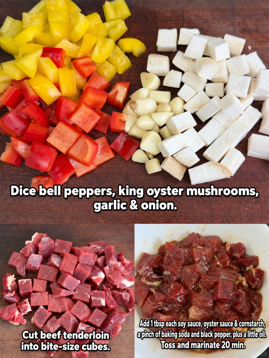 English-captioned photographs showing ingredient preparation and cooking for Beef Cubes with Bell Peppers and King Oyster Mushrooms.