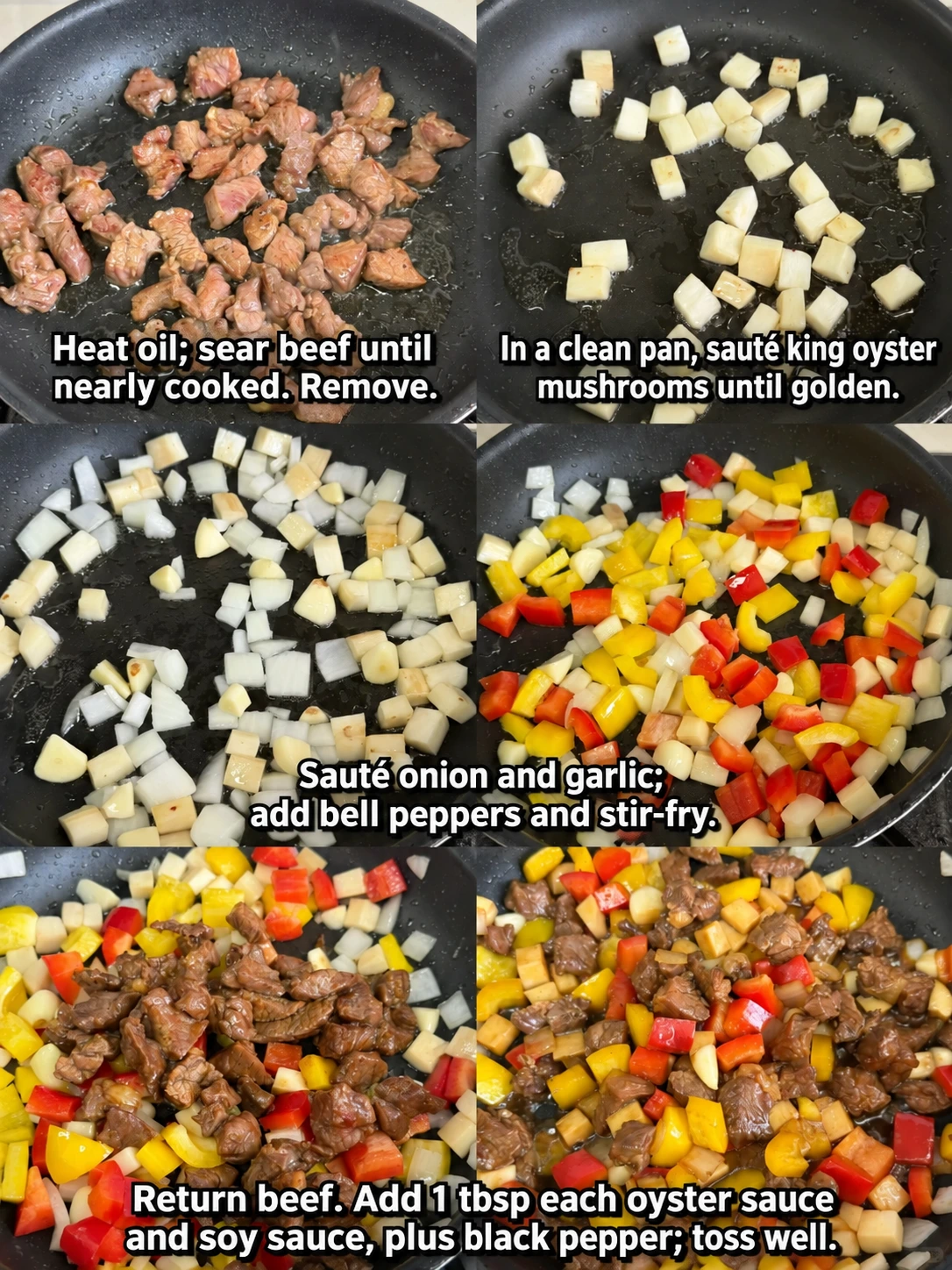 English-captioned photographs showing ingredient preparation and cooking for Beef Cubes with Bell Peppers and King Oyster Mushrooms.