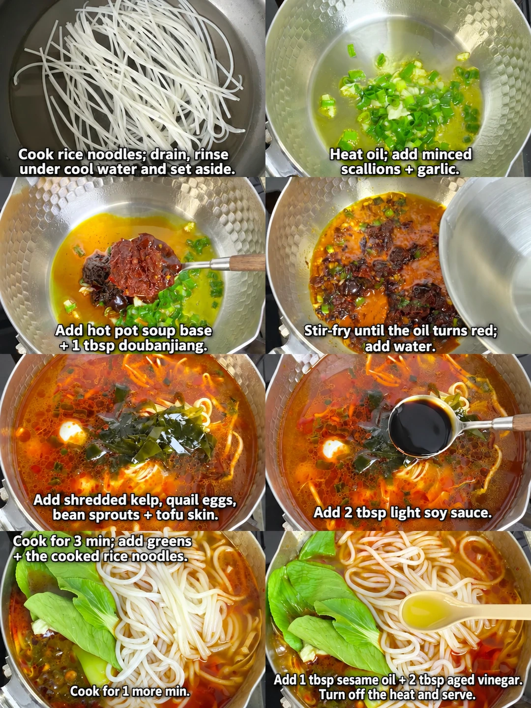 English-captioned photographs showing ingredient preparation and cooking for Mala Rice Noodle Soup.
