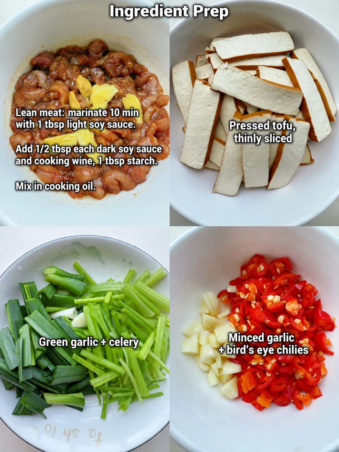 English-captioned photographs showing ingredient preparation and cooking for Pressed Tofu Pork and Celery Stir-Fry.