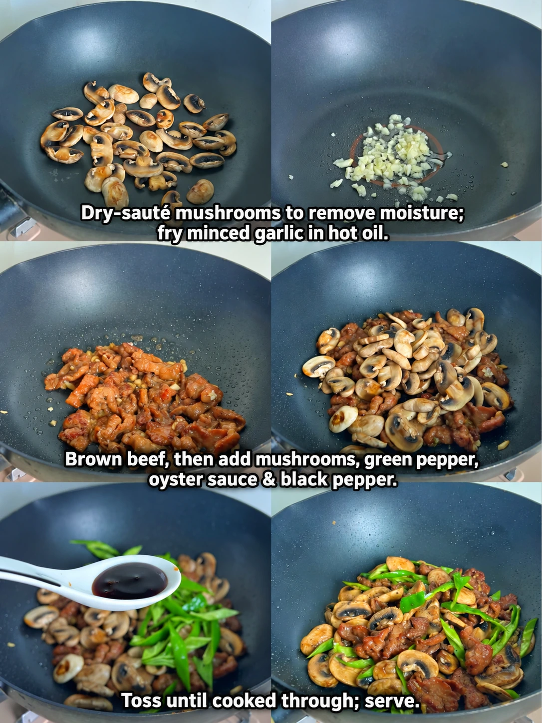 English-captioned photographs showing ingredient preparation and cooking for Beef with Button Mushrooms and Green Pepper.