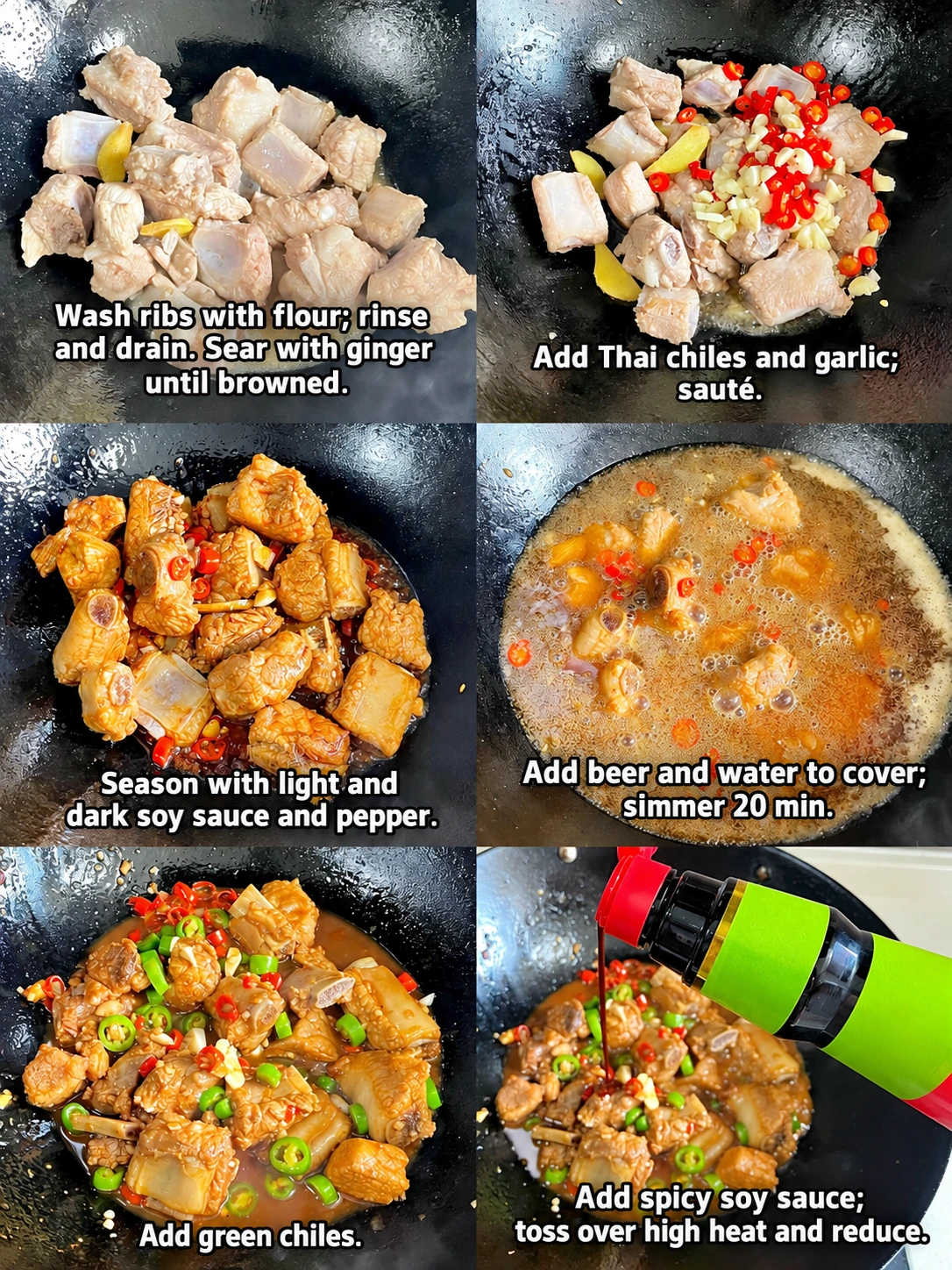 English-captioned photographs showing ingredient preparation and cooking for Spicy Beer-Braised Pork Ribs.