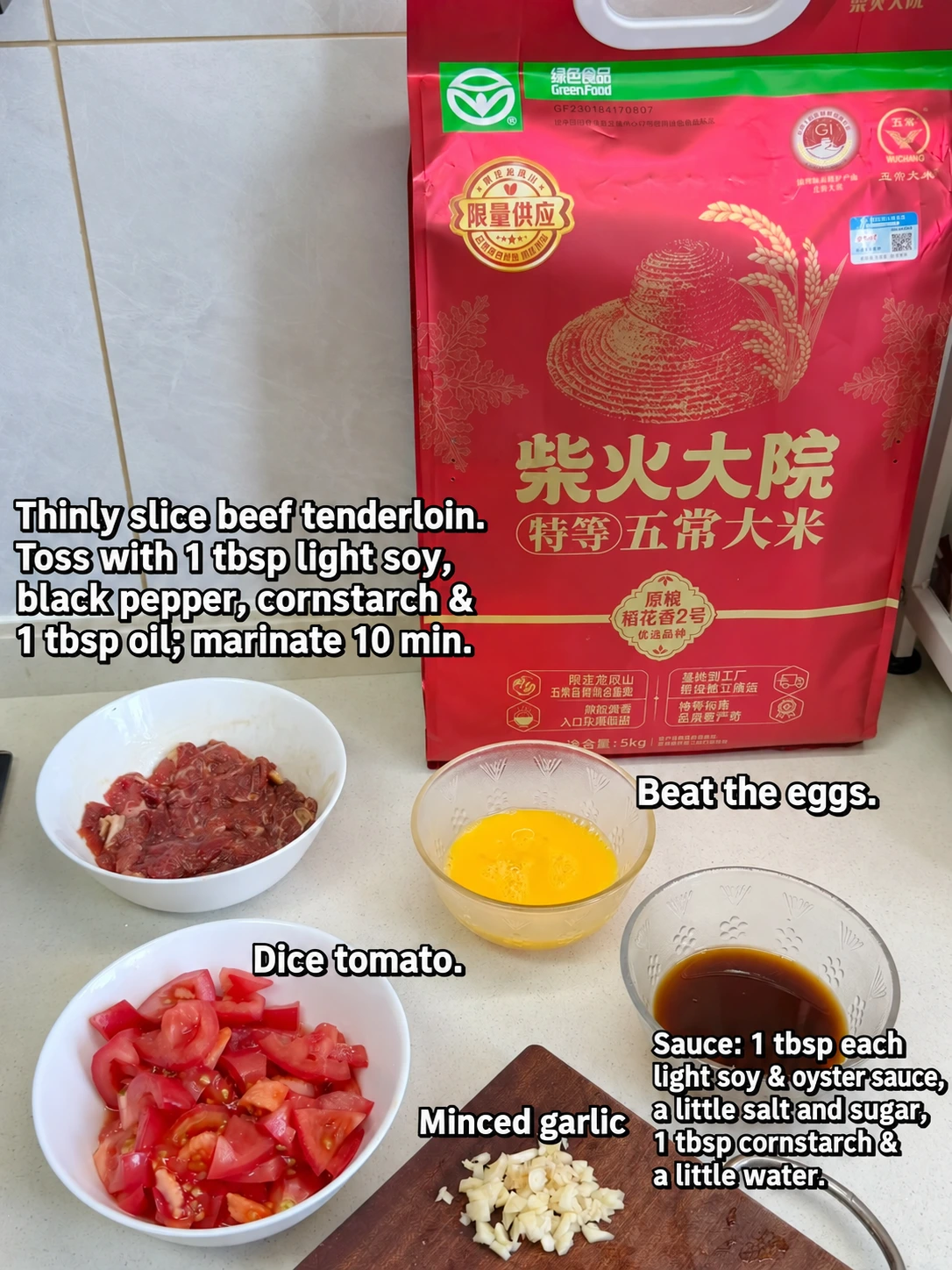 English-captioned photographs showing ingredient preparation and cooking for Tomato Beef and Egg Rice Bowl.