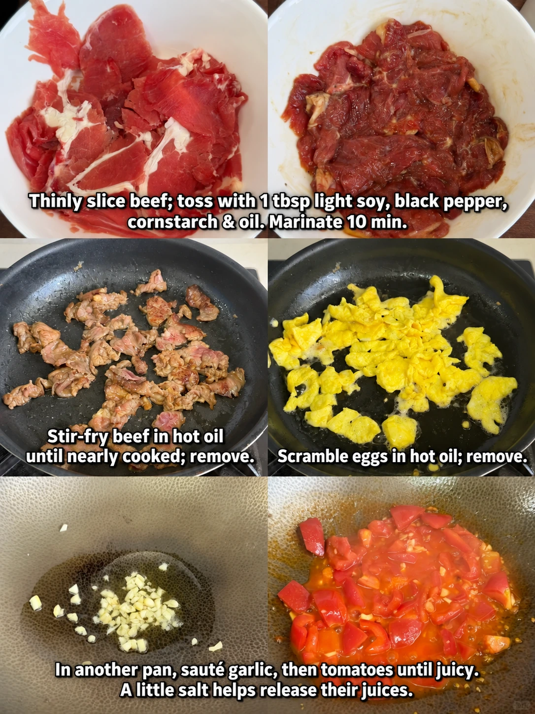 English-captioned photographs showing ingredient preparation and cooking for Tomato Beef and Egg Rice Bowl.