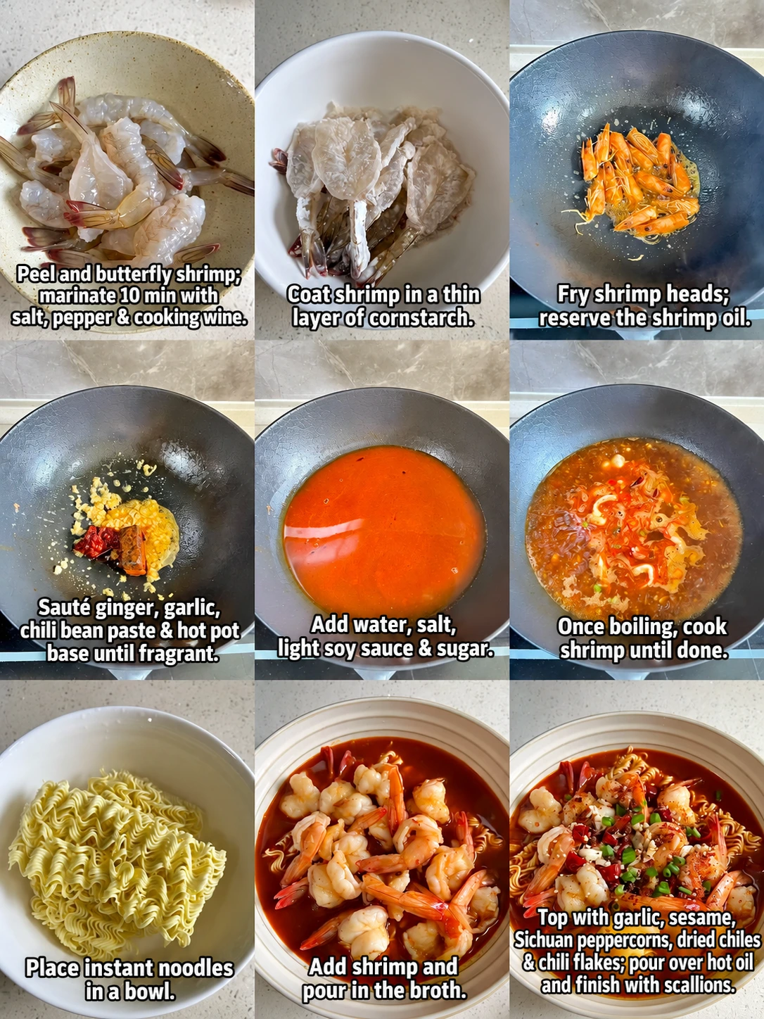 English-captioned photographs showing ingredient preparation and cooking for Pounded Shrimp in Spicy Broth.