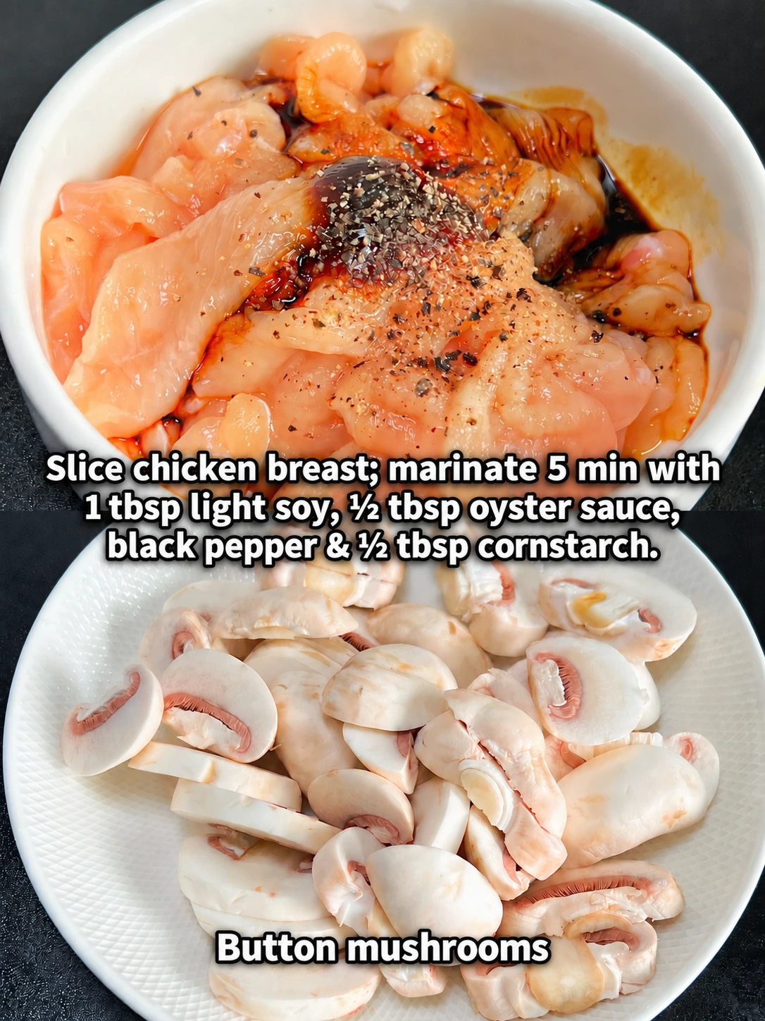 English-captioned photographs showing ingredient preparation and cooking for Chicken Breast and Button Mushroom Stir-Fry.