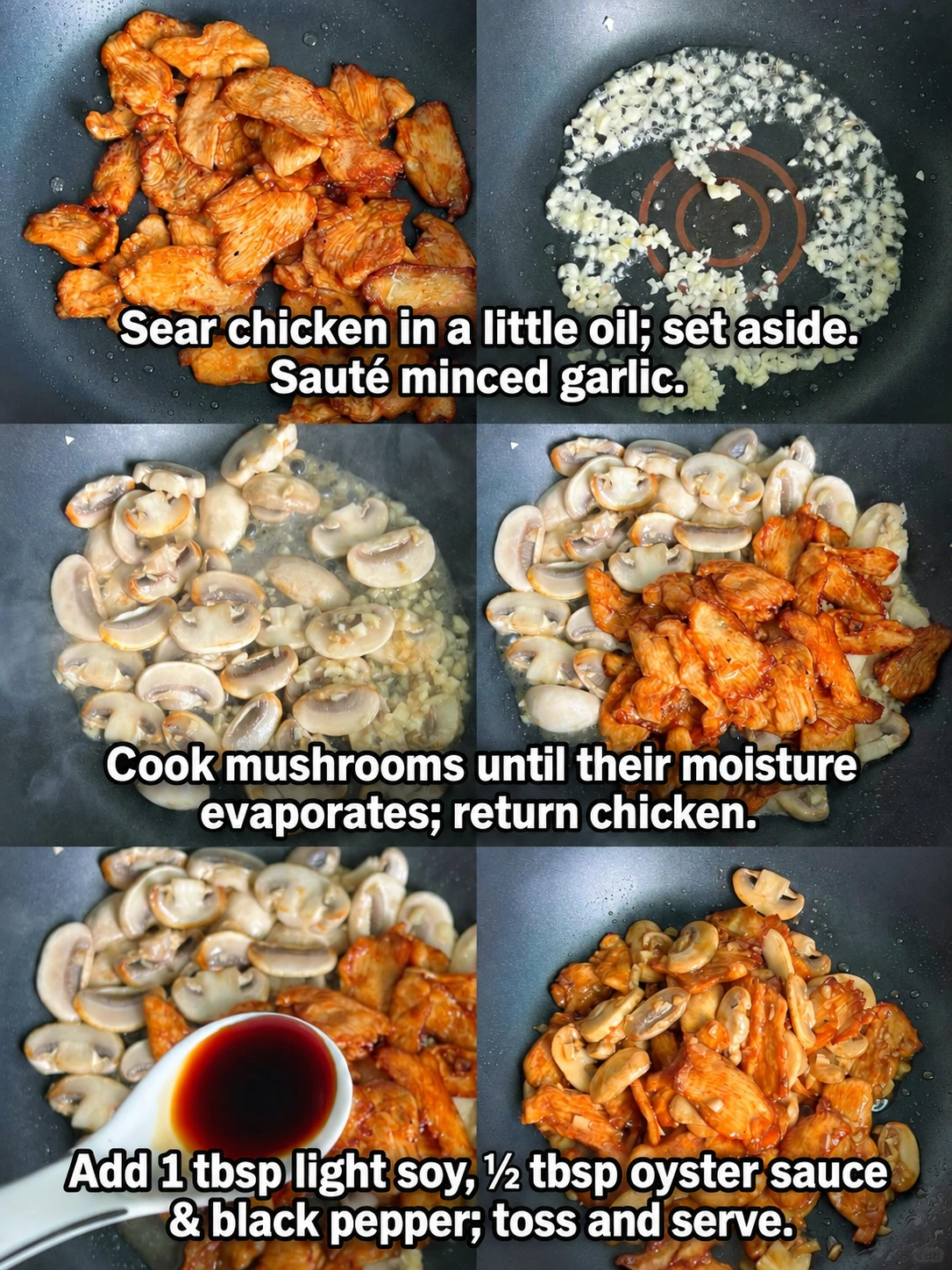 English-captioned photographs showing ingredient preparation and cooking for Chicken Breast and Button Mushroom Stir-Fry.