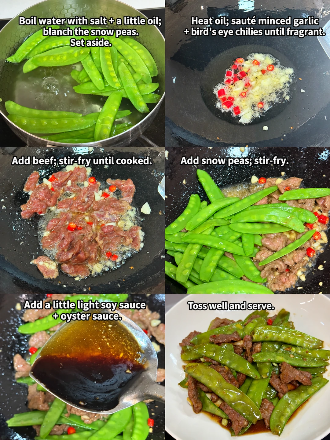 English-captioned photographs showing ingredient preparation and cooking for Beef and Snow Pea Stir-Fry.