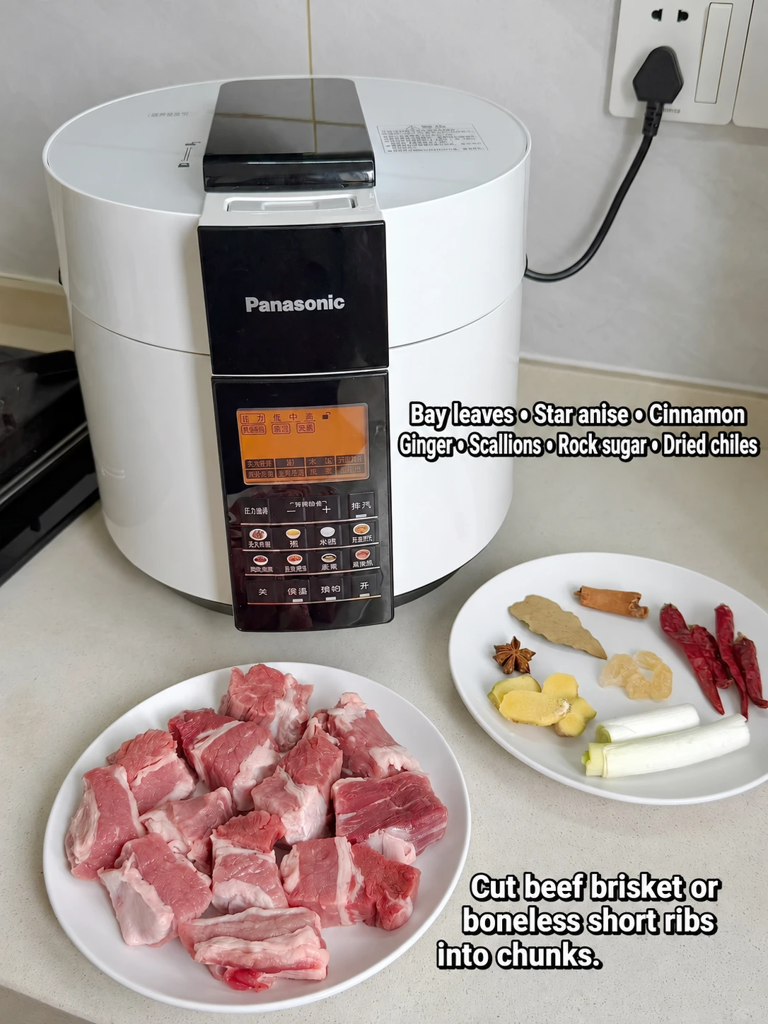English-captioned photographs showing ingredient preparation and cooking for Pressure-Cooker Braised Beef Noodle Soup.